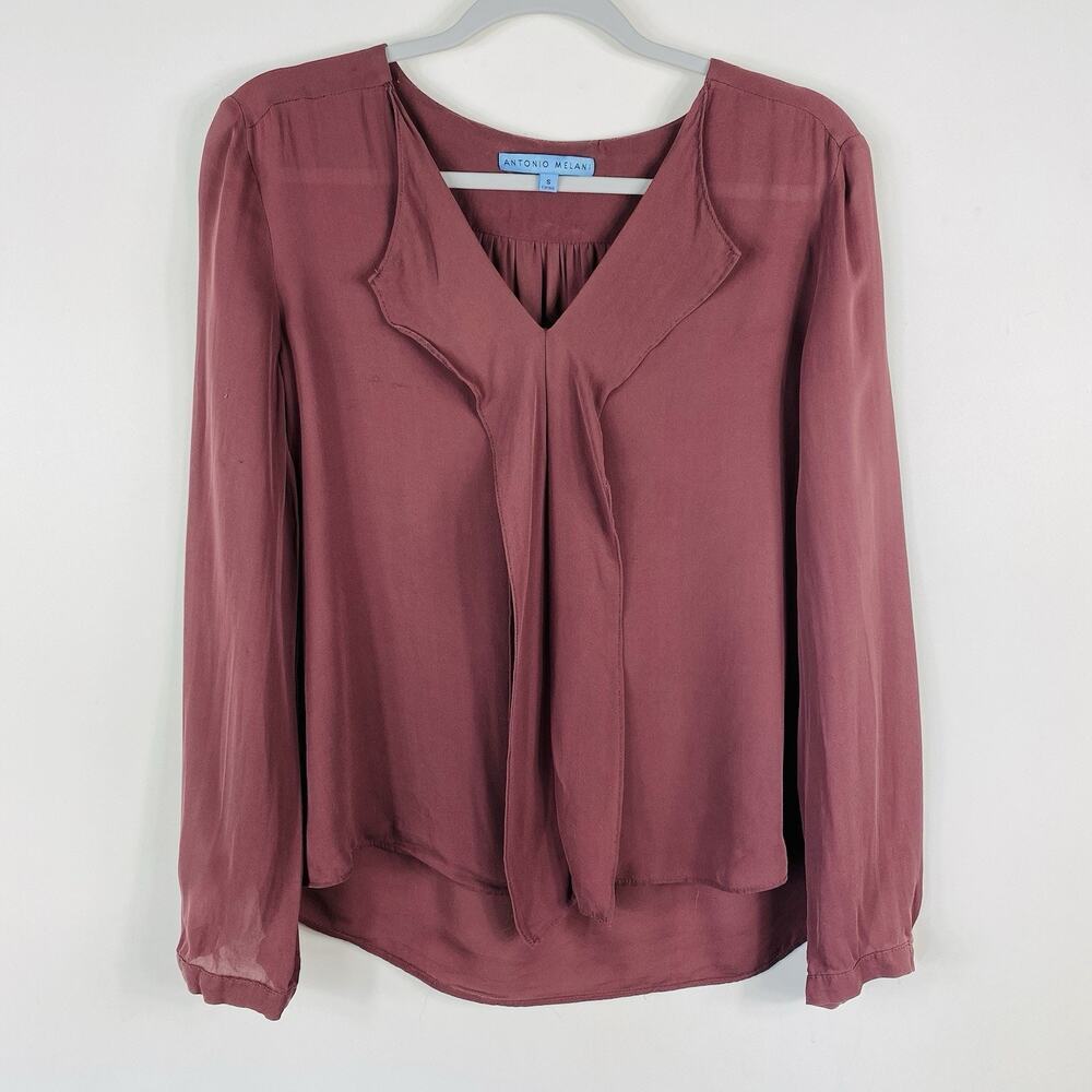 Antonio Melani Top Small 100% Silk Long Sleeve Ruffle Blouse Dusty Rose Pink